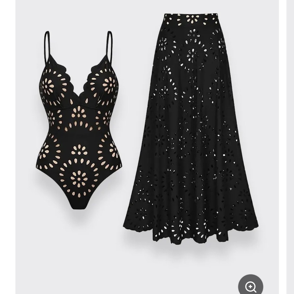 Elegant Black Cutout Swimsuit and Skirt Set